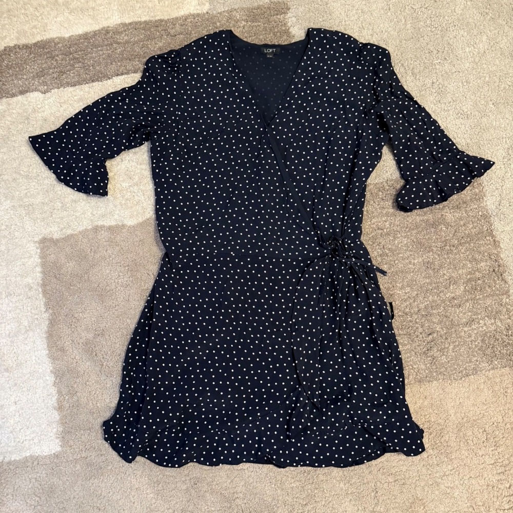 LOFT Navy Blue White Polka Dot Wrap Dress Ruffle Bell Sleeve Womens Size 14